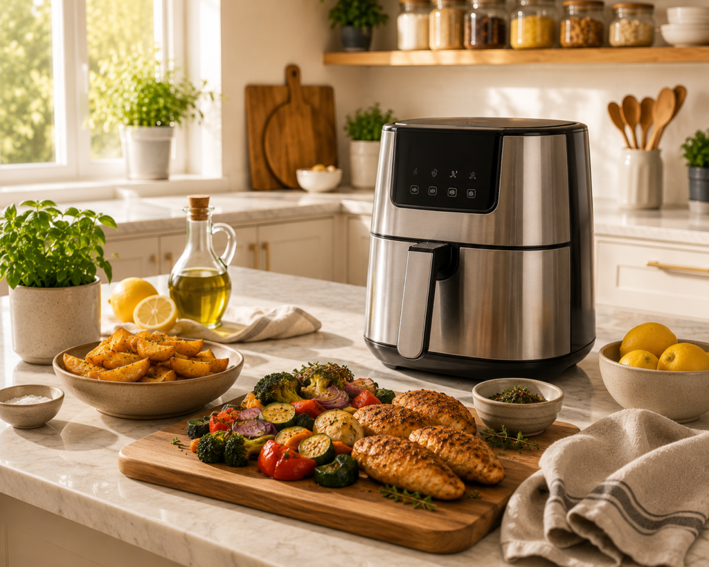 Modern air fryer preparing healthy vegetables and chicken on a bright Scandinavian kitchen countertop.