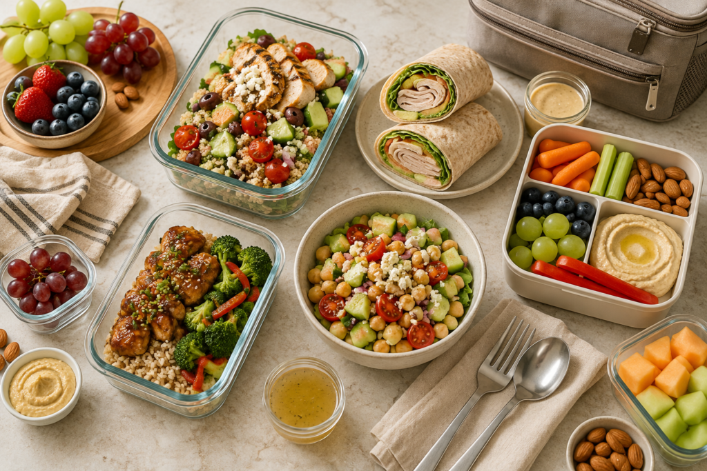 Healthy lunch ideas for work featuring colorful grain bowls, wraps, fresh fruit, vegetables and meal-prep containers.