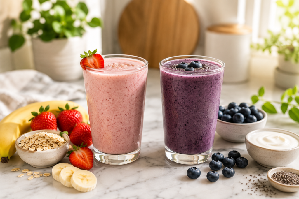 Healthy smoothie recipes featuring strawberry banana oat and blueberry Greek yogurt smoothies.
