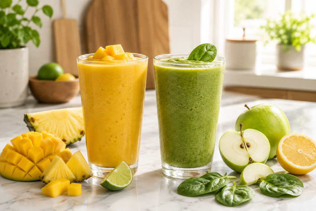 Mango pineapple tropical smoothie and green apple spinach smoothie with fresh fruit and greens.