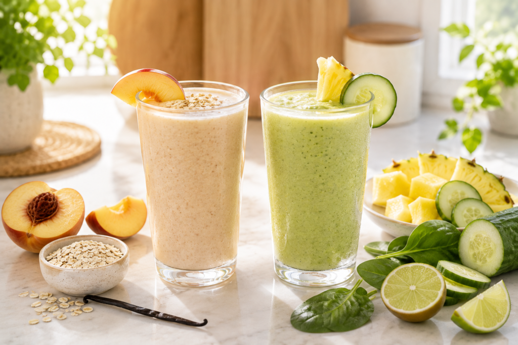 Peach vanilla oat smoothie and pineapple cucumber green smoothie with fresh fruit, oats and vegetables.