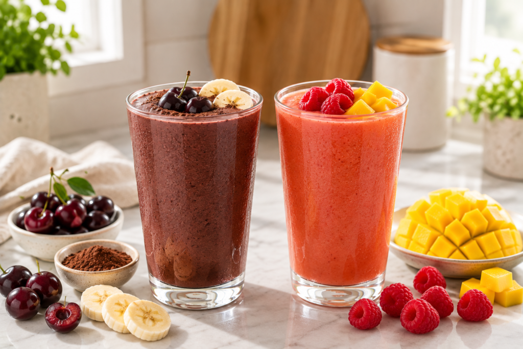 Cherry cocoa smoothie and raspberry mango smoothie with fresh cherries, raspberries and mango.