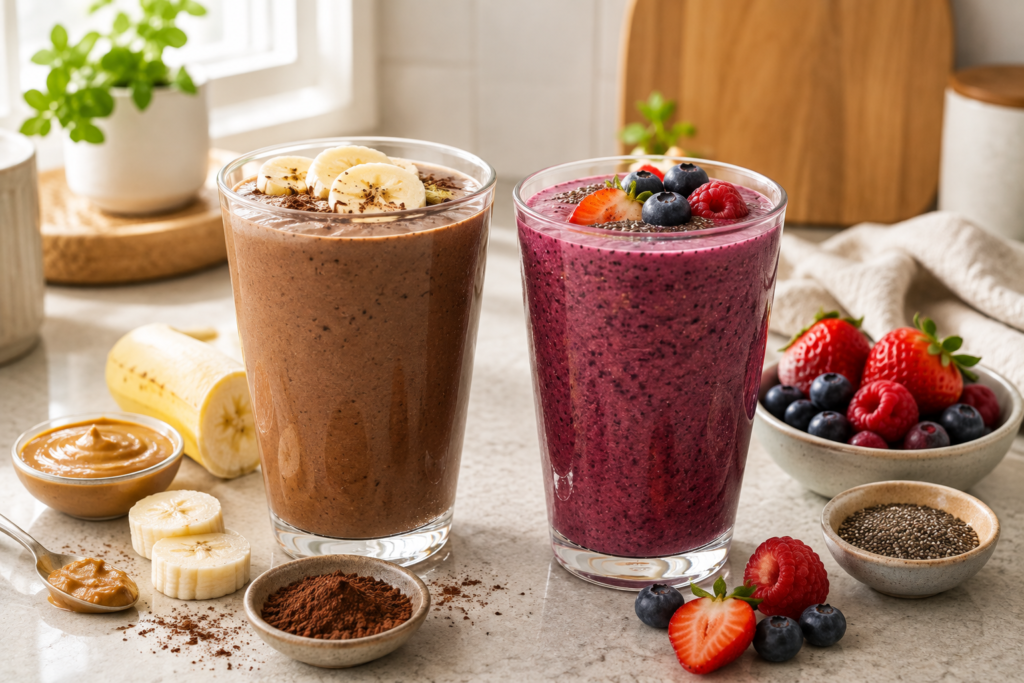 Chocolate peanut butter banana smoothie and mixed berry chia smoothie served with their fresh ingredients.
