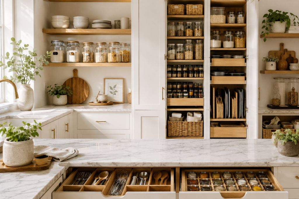 Kitchen organization ideas with dedicated zones for meal prep, cooking, food storage, and everyday essentials.