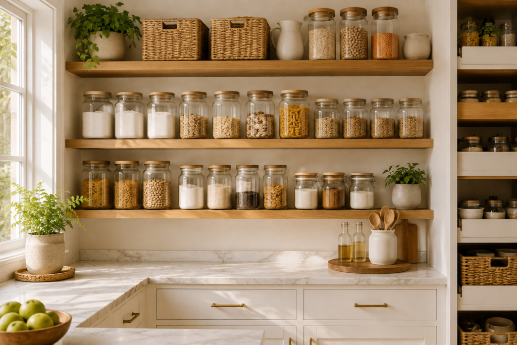 Clear pantry containers neatly organized with rice, pasta, oats, flour, cereal, and baking staples in a Scandinavian kitchen.