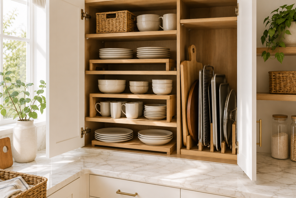 Organized kitchen cabinet using shelf risers and vertical dividers to store dishes, cutting boards, baking sheets, and pan lids.