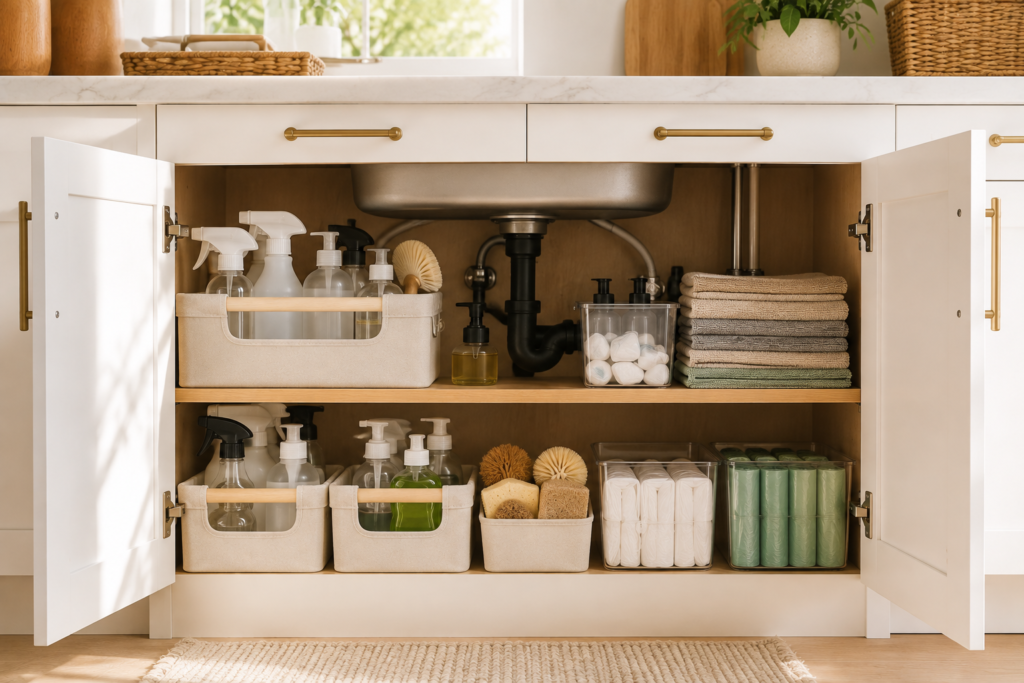 Organized under-sink kitchen cabinet with cleaning supplies, storage caddies, cloths and dishwasher essentials.