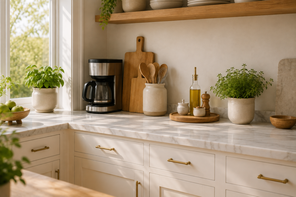 Uncluttered Scandinavian kitchen countertop with a coffee maker, cooking essentials, wooden accents and fresh herbs.