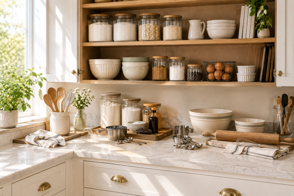 Organized kitchen baking station with flour, sugar, mixing bowls, measuring tools and baking essentials.