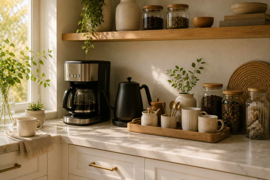 Organized kitchen coffee station with coffee maker, electric kettle, mugs, coffee, tea and beverage essentials.
