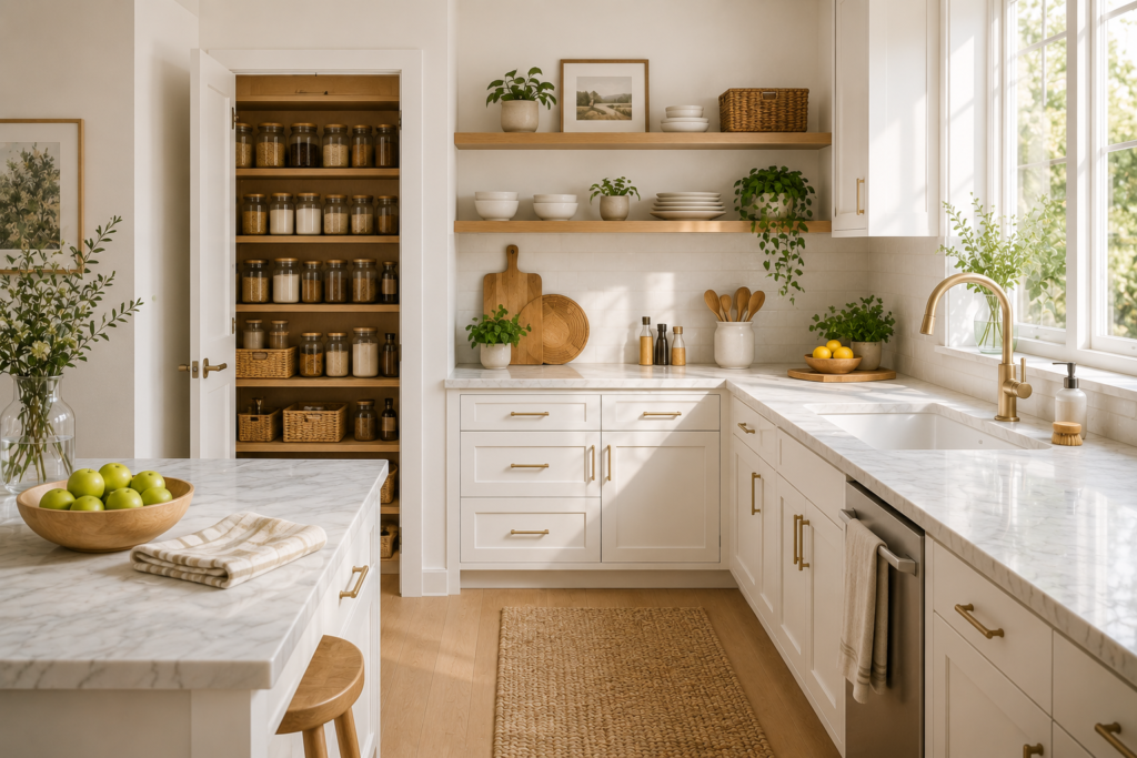 Clean organized Scandinavian kitchen after a weekly reset with tidy counters, pantry storage and everyday essentials in place.