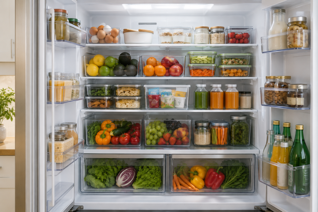 Organized refrigerator with designated zones for produce, meal prep, beverages, snacks and leftovers.