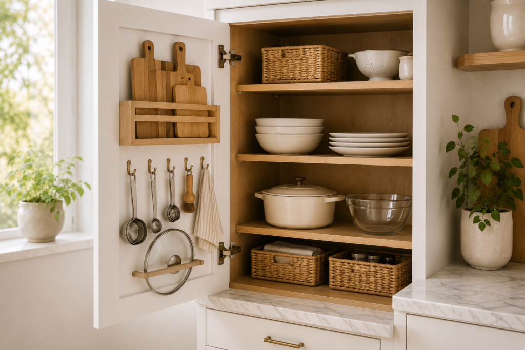 Organized kitchen cabinet door using slim racks and hooks for measuring tools, cutting boards and small kitchen accessories.