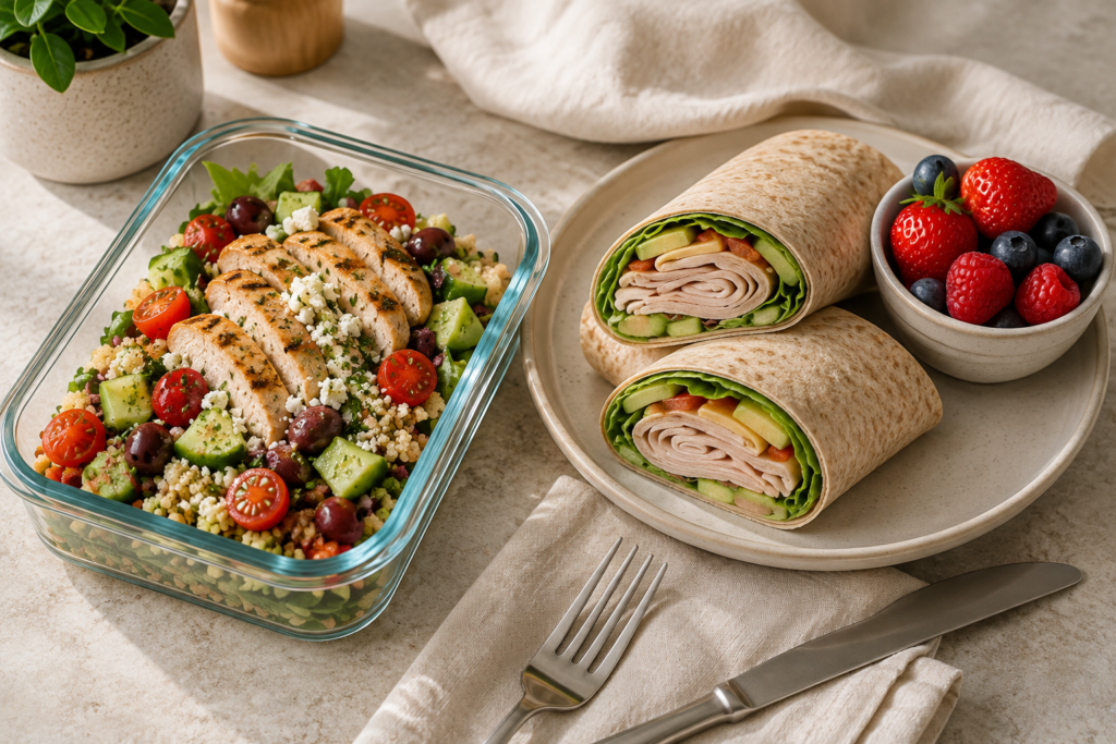 Healthy lunch ideas featuring a Mediterranean chicken quinoa bowl and turkey avocado wrap with fresh vegetables.