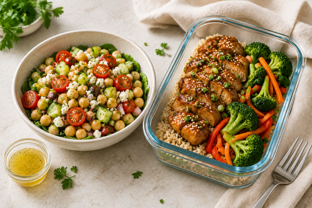 Chickpea cucumber feta bowl and teriyaki chicken rice bowl prepared as colorful workday lunches.