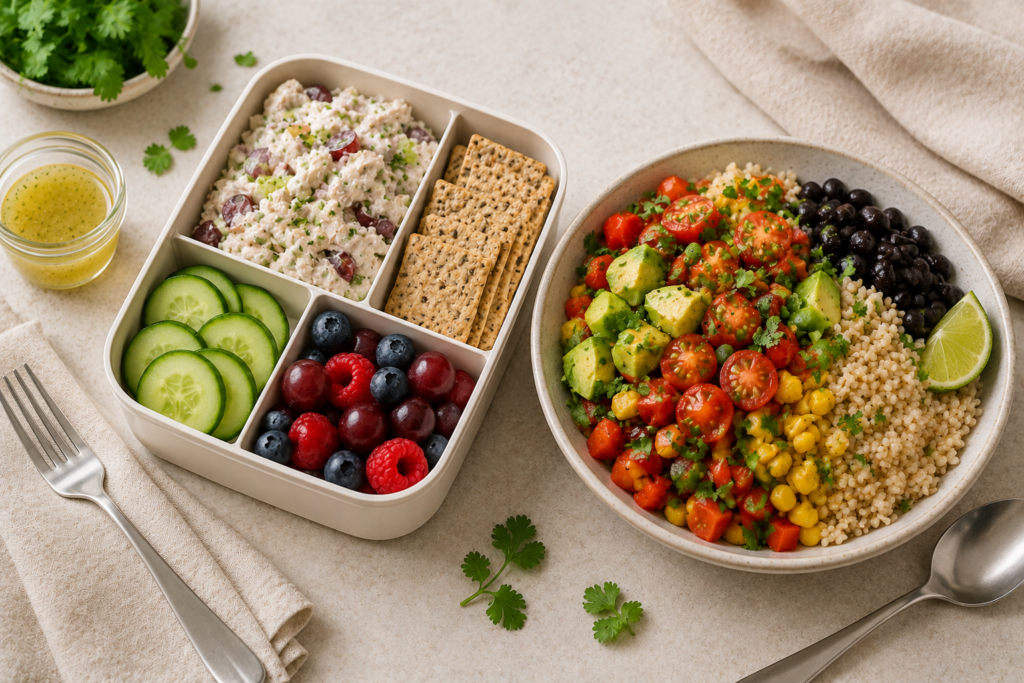 Greek yogurt chicken salad lunch box and Southwest black bean bowl with colorful vegetables and fruit.