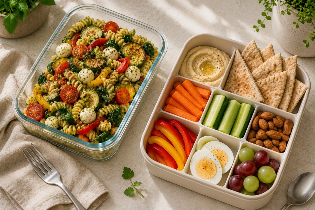 Pesto pasta and vegetable lunch with a hummus veggie protein box prepared for work.