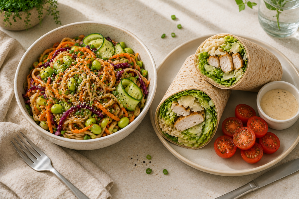 Asian sesame noodle bowl and chicken Caesar wrap prepared as easy packable work lunches.