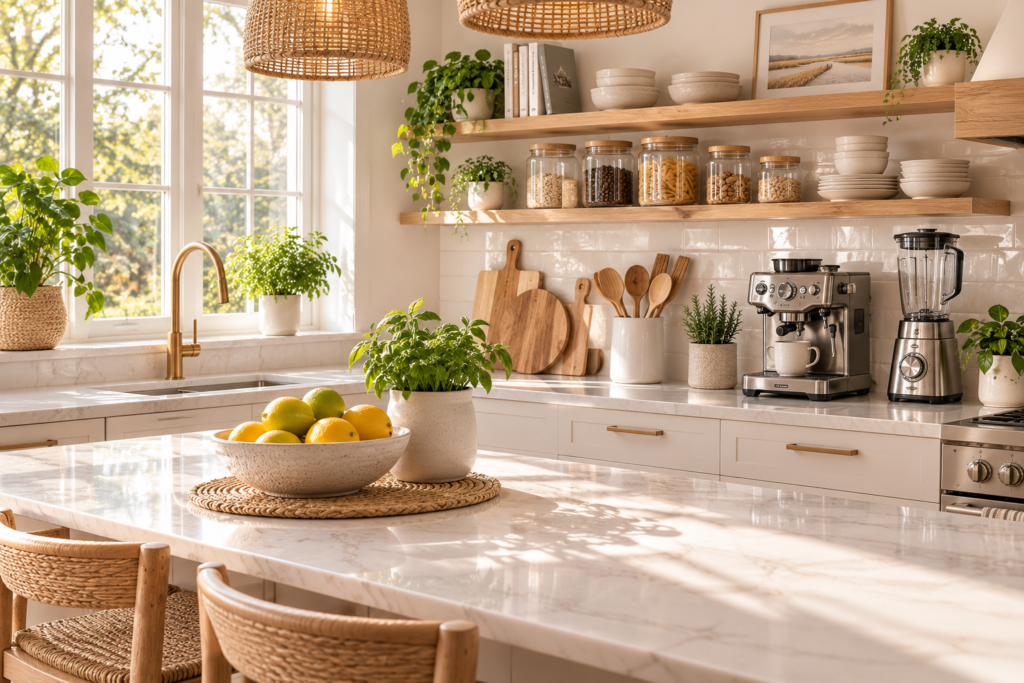 Kitchen tools arranged in a bright Scandinavian kitchen with modern cooking essentials.