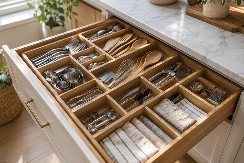 Organized kitchen drawer with wooden dividers neatly separating utensils, measuring tools, cooking tools, and kitchen towels.