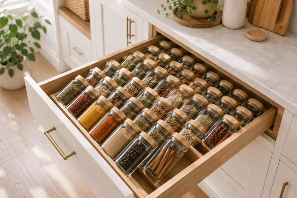 Organized kitchen spice drawer with neatly arranged glass spice jars and easy-to-read labels.