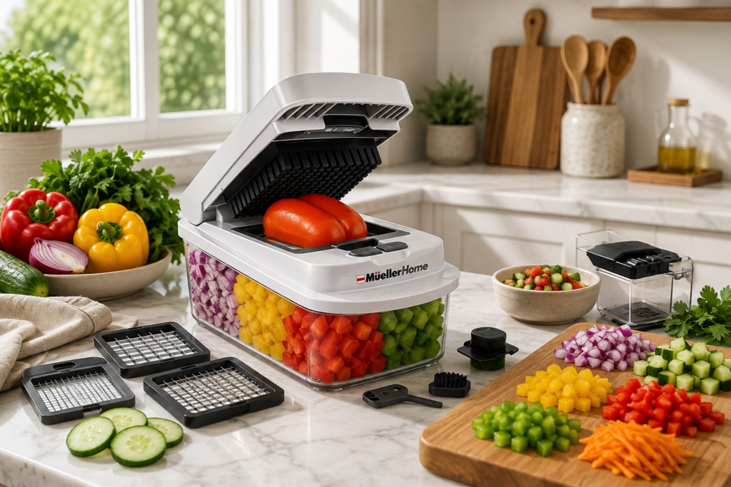 Premium stainless steel vegetable chopper preparing fresh vegetables on a bright Scandinavian kitchen countertop.