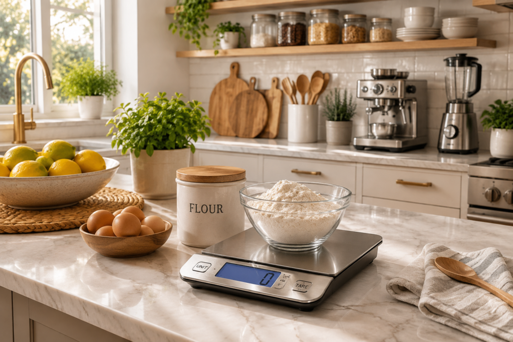 Digital kitchen scale measuring flour in a mixing bowl on a bright Scandinavian kitchen countertop with baking ingredients and modern kitchen décor.