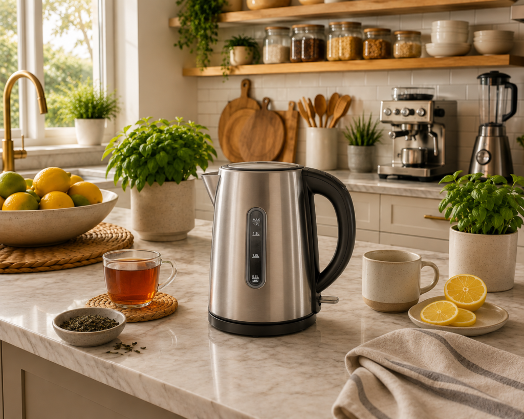 Modern stainless steel electric kettle on a bright Scandinavian kitchen countertop preparing hot water for coffee and tea.
