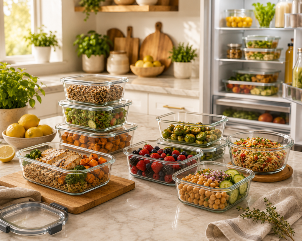 Glass food storage containers filled with fresh meal-prep ingredients on a bright Scandinavian kitchen countertop.
