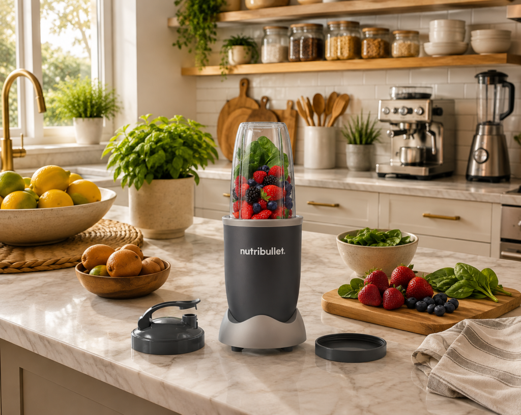 High-speed personal blender preparing a fresh berry and spinach smoothie on a bright Scandinavian kitchen countertop.