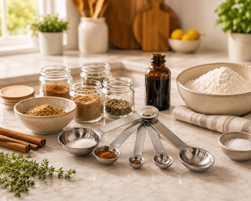 Stainless steel magnetic measuring spoons arranged on a bright Scandinavian kitchen countertop beside baking ingredients and spices.