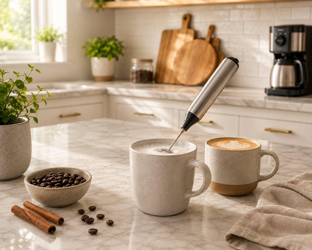 Handheld milk frother preparing creamy milk foam beside coffee cups on a bright Scandinavian kitchen countertop.