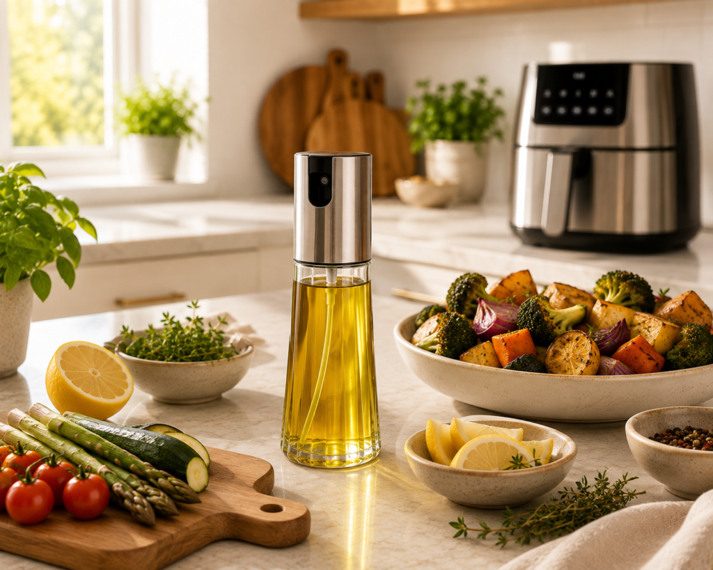 Premium glass oil sprayer with olive oil on a bright Scandinavian kitchen countertop beside fresh vegetables and herbs.