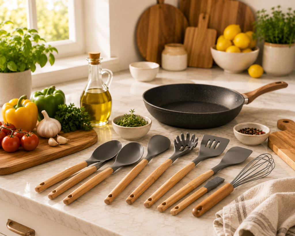 Premium silicone cooking utensils arranged on a bright Scandinavian kitchen countertop beside non-stick cookware and fresh cooking ingredients.