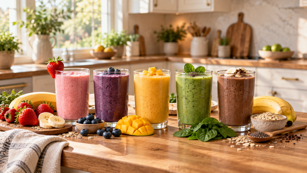 Healthy smoothie recipes featuring strawberry, blueberry, mango, green and chocolate smoothies with fresh fruit and wholesome ingredients.
