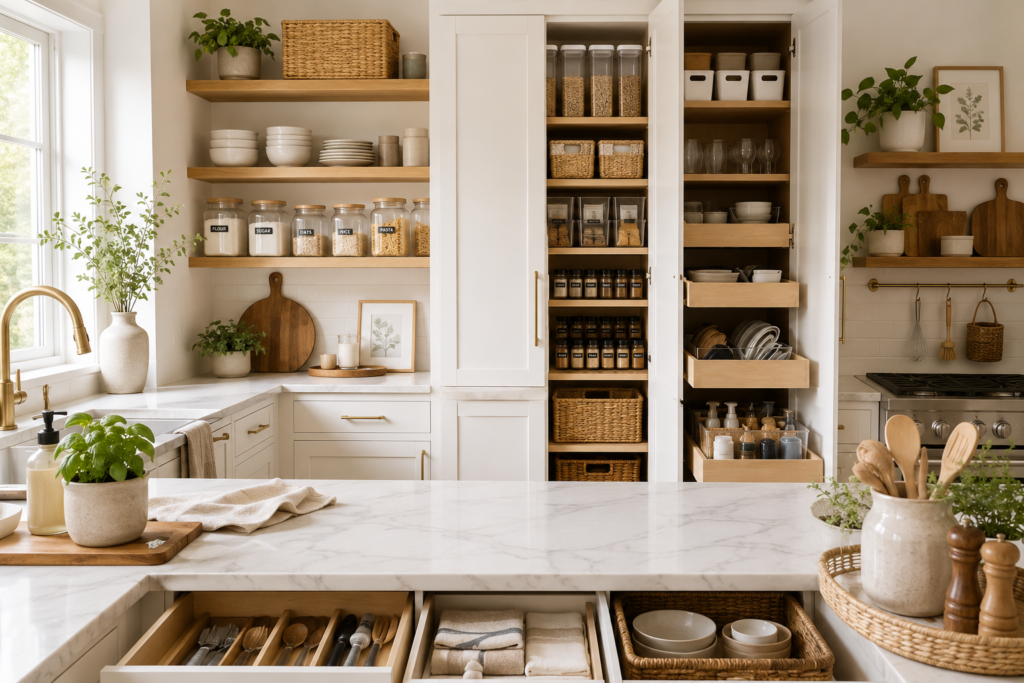 Kitchen organization ideas in a Scandinavian kitchen with organized pantry storage, tidy drawers, baskets, and clutter-free countertops.