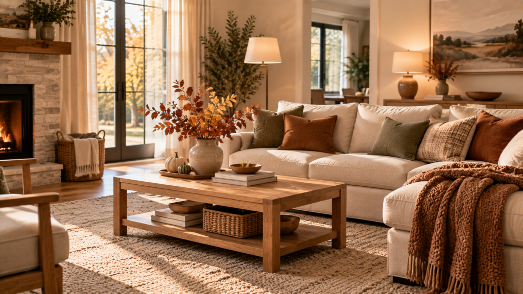 Fall decor ideas featuring a cozy neutral living room with warm autumn colors, textured pillows, throw blanket, natural branches and layered lighting.