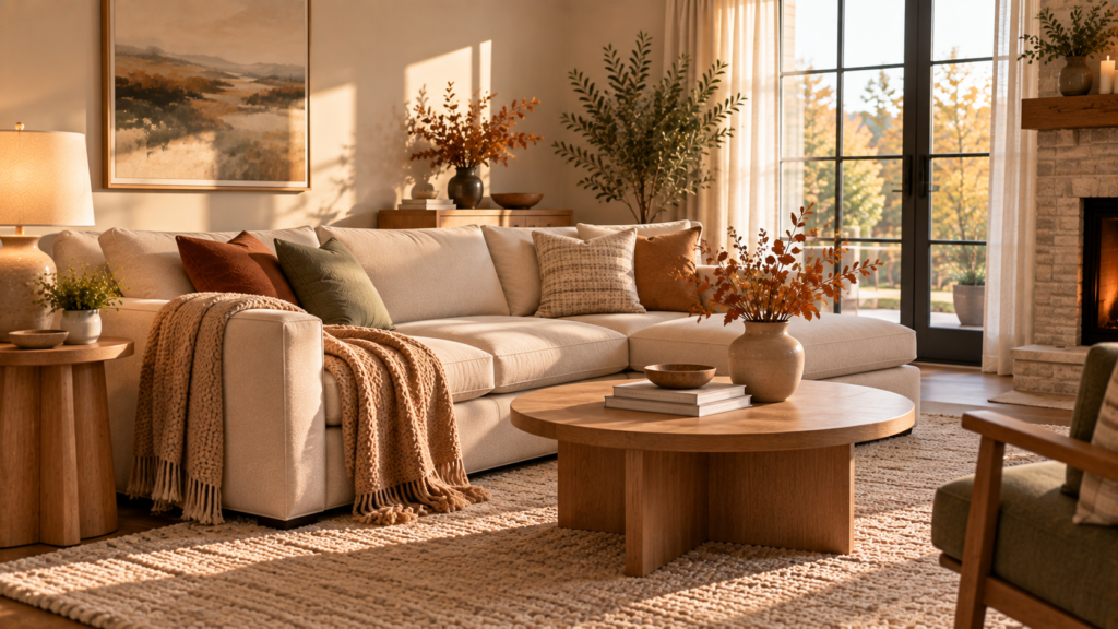 Fall decor ideas featuring a cream sofa with muted rust and olive pillows, textured throw and warm natural wood accents.