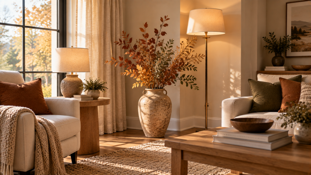 Autumn living room styling with natural fall branches, seasonal greenery and warm layered lighting.