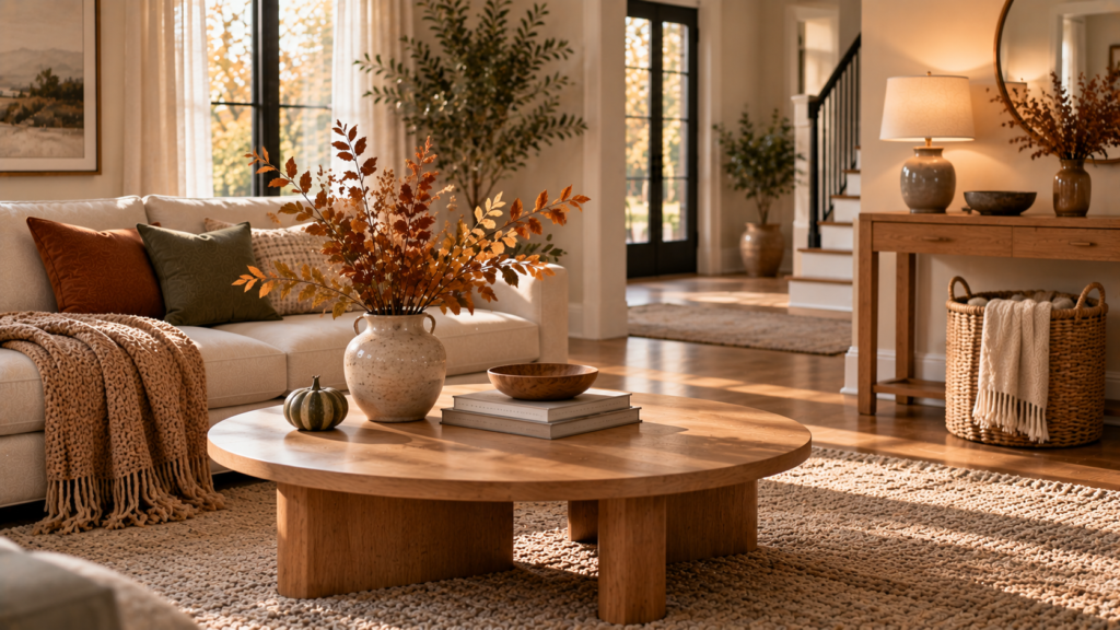 Simple fall coffee table and console styling with autumn branches, ceramic decor and woven blanket basket.