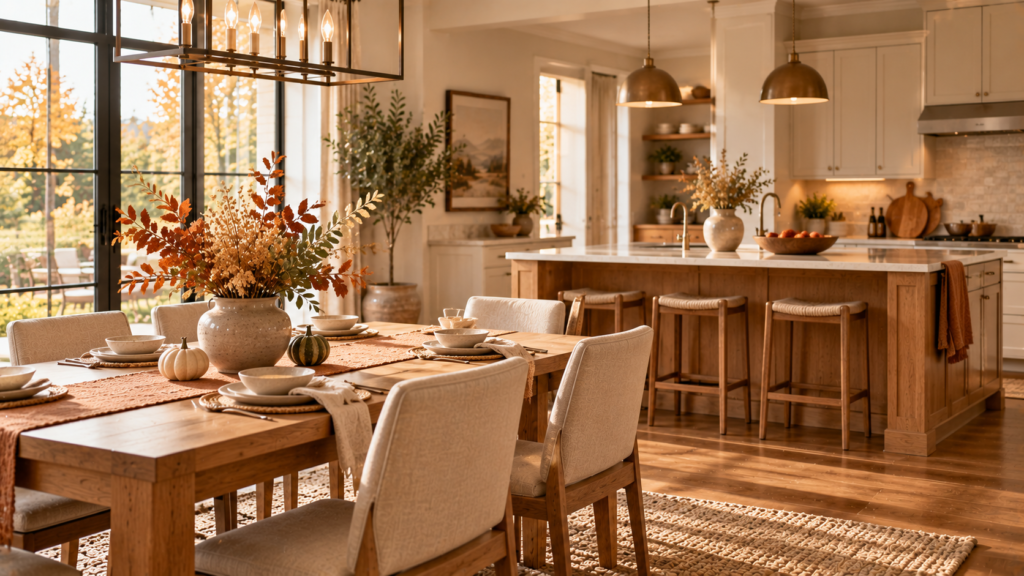 Fall dining and kitchen decor with linen runner, natural centerpiece, seasonal fruit and subtle autumn accents.