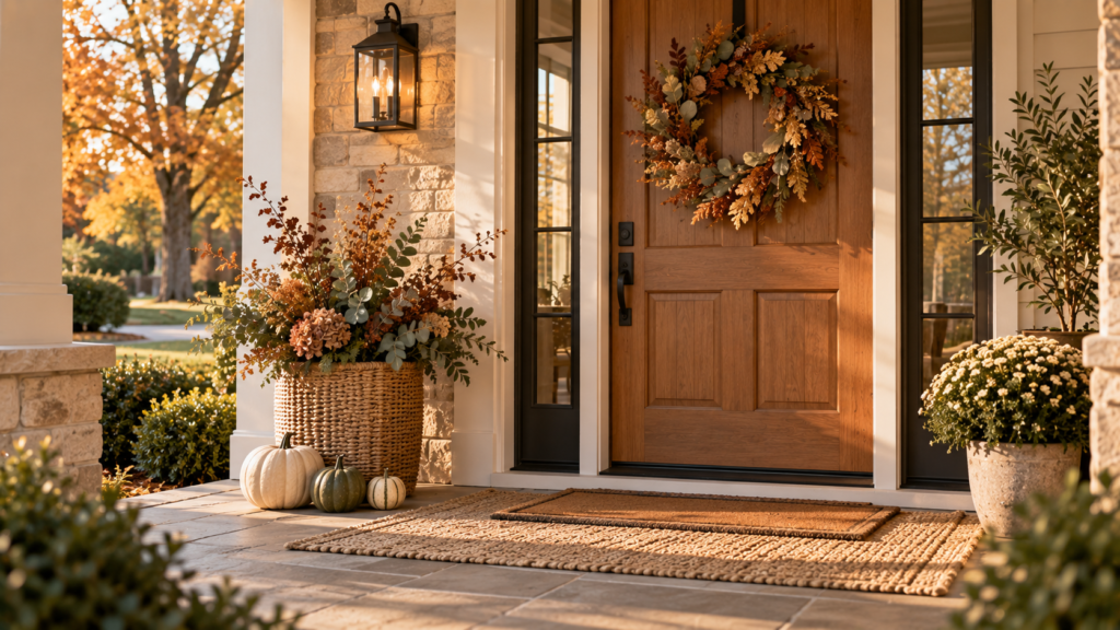 Elegant fall front entry with natural wreath, layered doormat, muted pumpkins, greenery and warm natural textures.