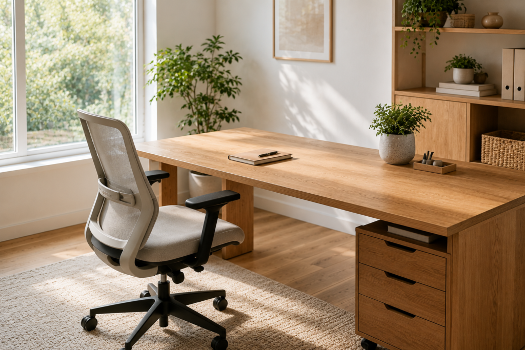 Home office essentials featuring a spacious wooden desk and supportive ergonomic office chair.