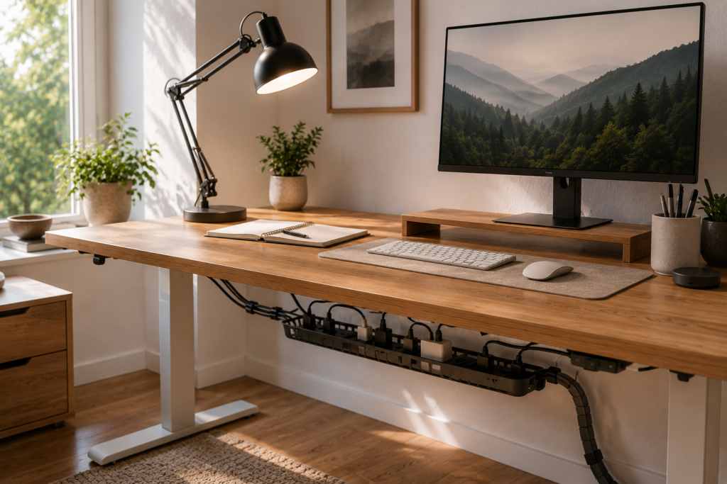 Home office desk with organized charging station, smartphone, earbuds and compact desk organizer.