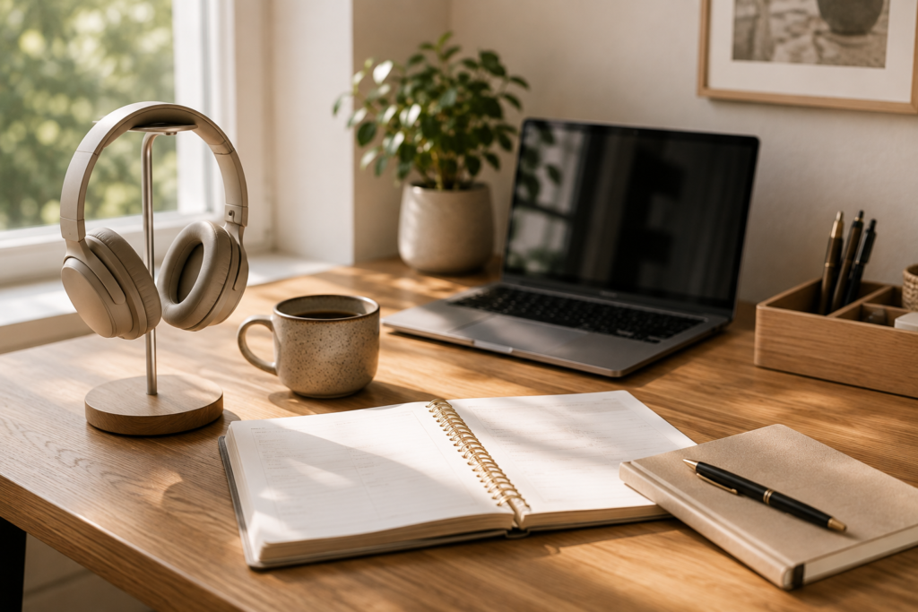 Home office workspace with over-ear headphones, notebook and planner arranged neatly on a wooden desk.