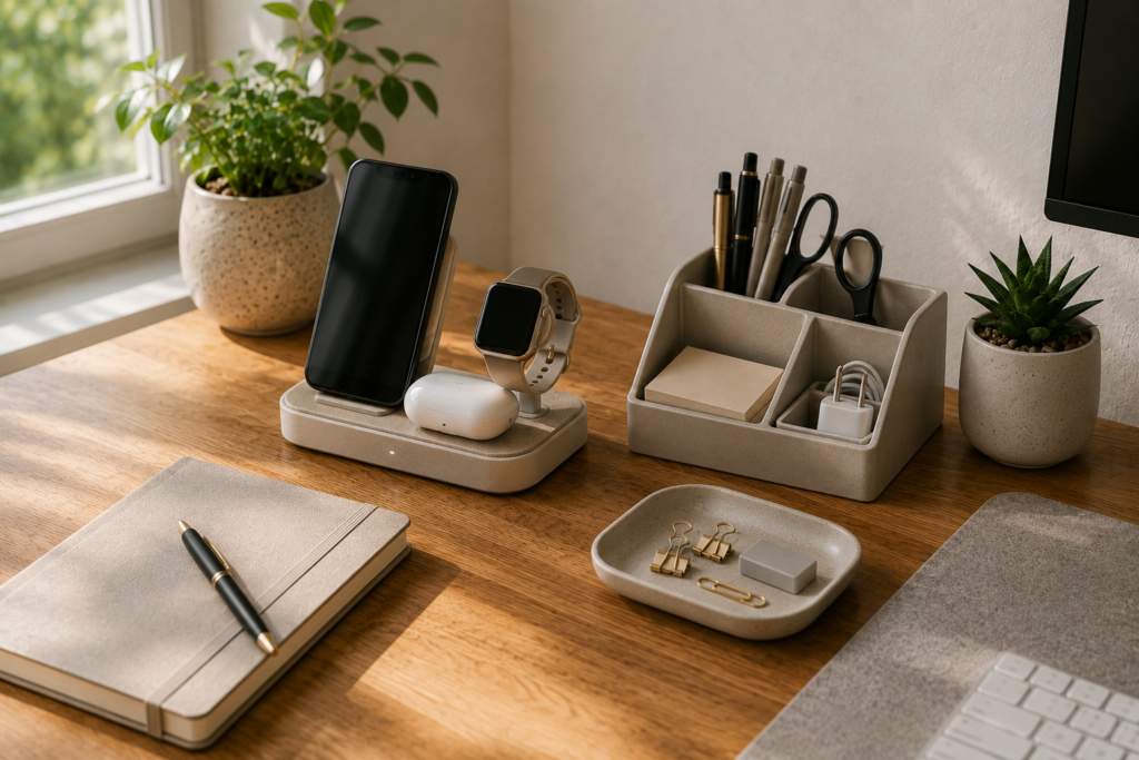 Home office desk with organized charging station, smartphone, earbuds and compact desk organizer.