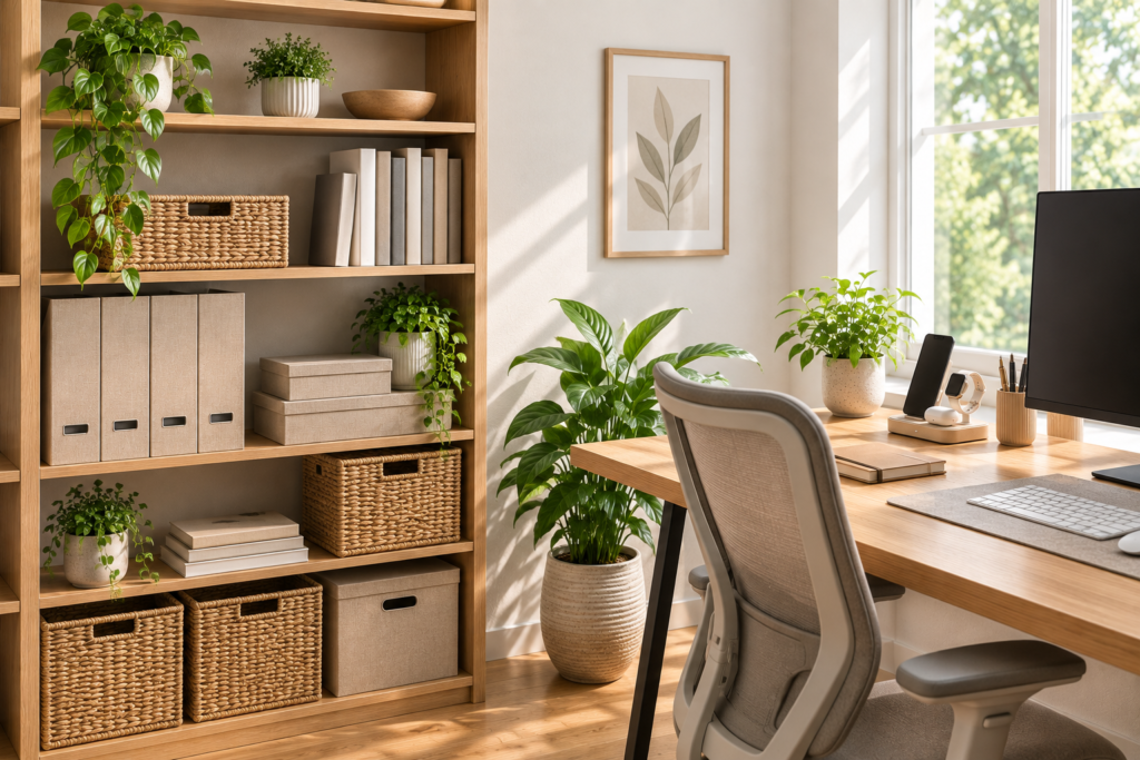 Organized home office storage with document boxes, woven baskets, shelving and indoor greenery.