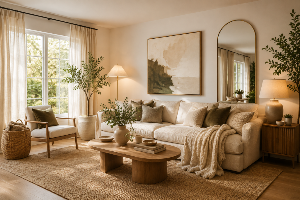 Living room decor ideas featuring layered lighting, neutral pillows, area rug, statement mirror, wall art and natural textures.