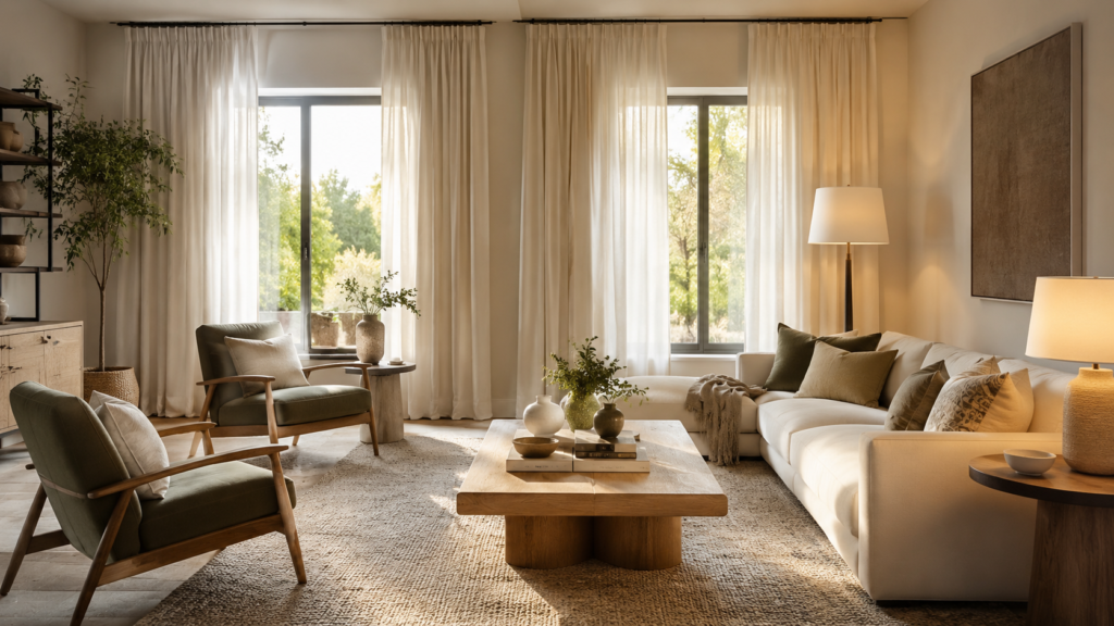 Living room decor ideas featuring a cohesive neutral color palette, floor-length curtains hung high and layered ambient lighting.