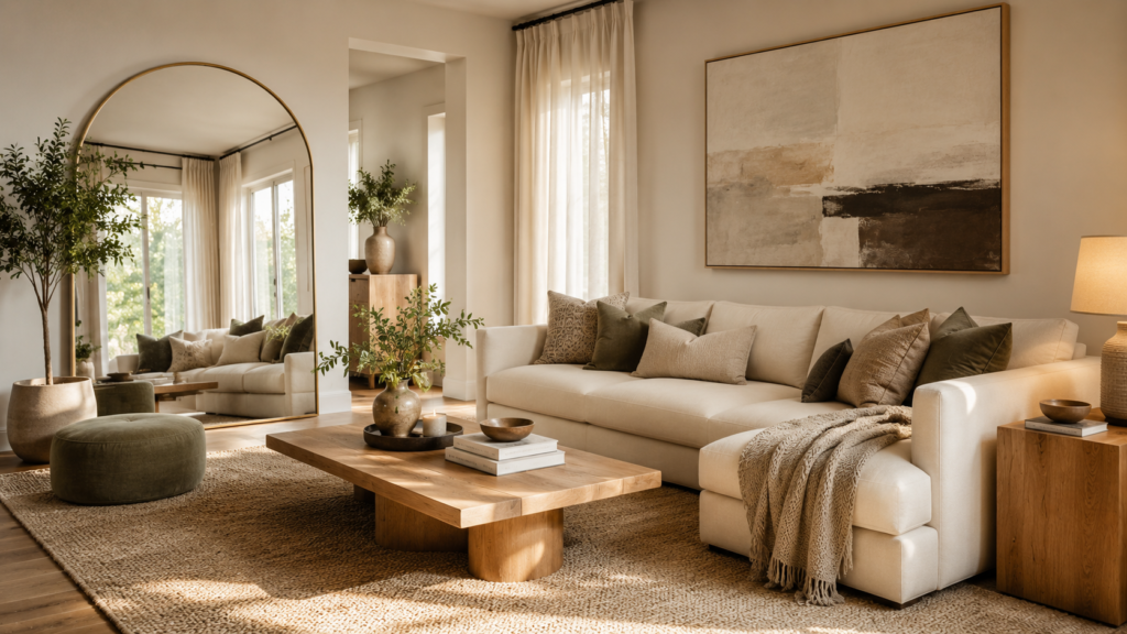 Elegant living room with oversized statement mirror, large wall art and layered neutral throw pillows.